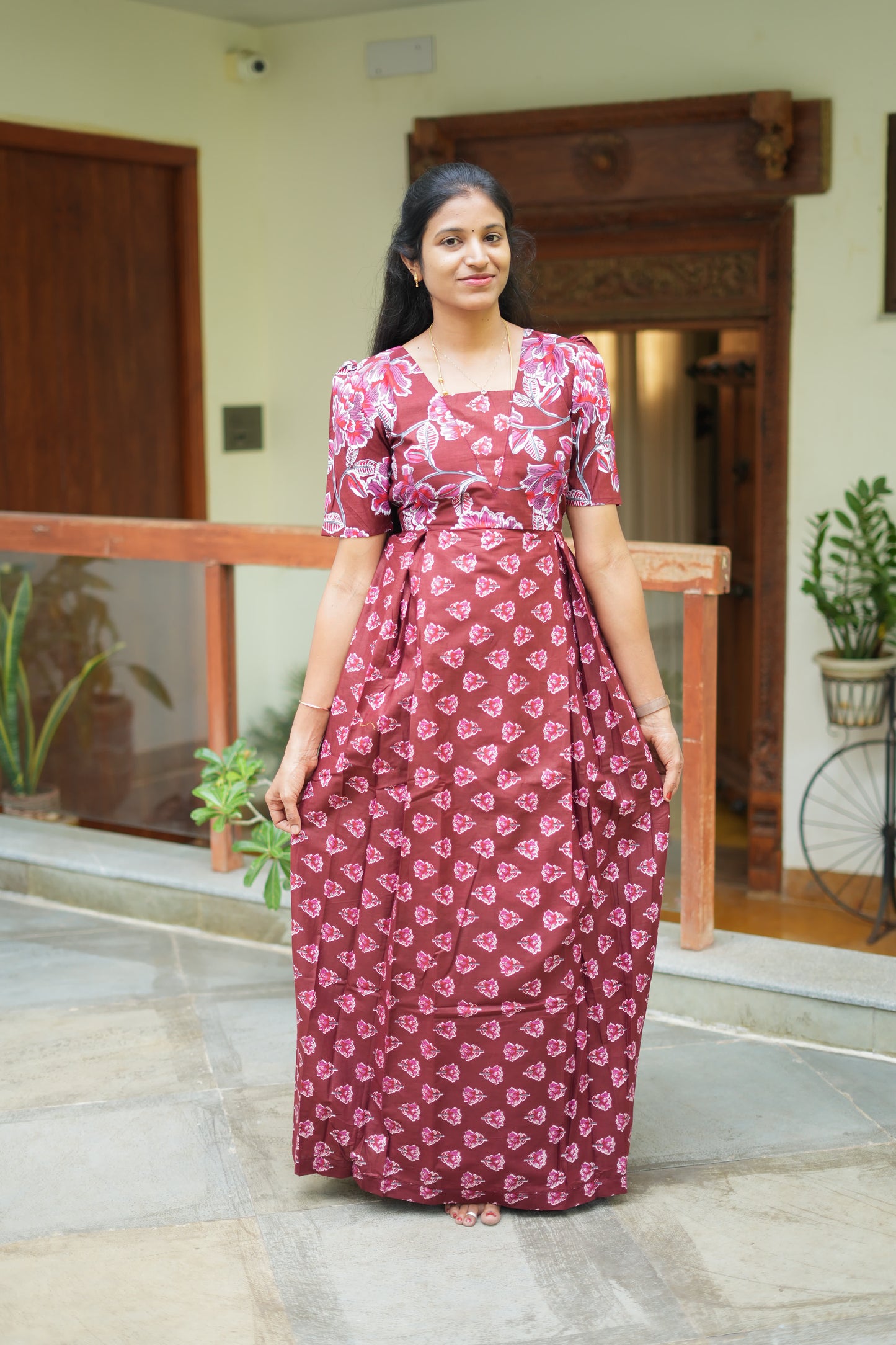 Nisha - Wine Red Cotton Maxi Nighty